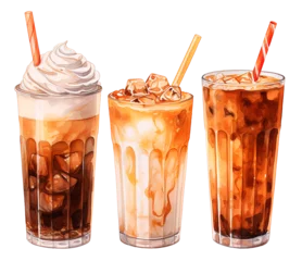 Küchenrückwand glas motiv watercolor drawing, set with coffee drinks in glasses. sweet cold coffee drinks with milk and whipped cream. © Татьяна Гончарук