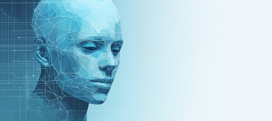 fusion of technology and humanity with a widescreen tech background featuring a wireframe humanoid head in soothing light blue colors. This captivating composition symbolizes AI synergy - obrazy, fototapety, plakaty