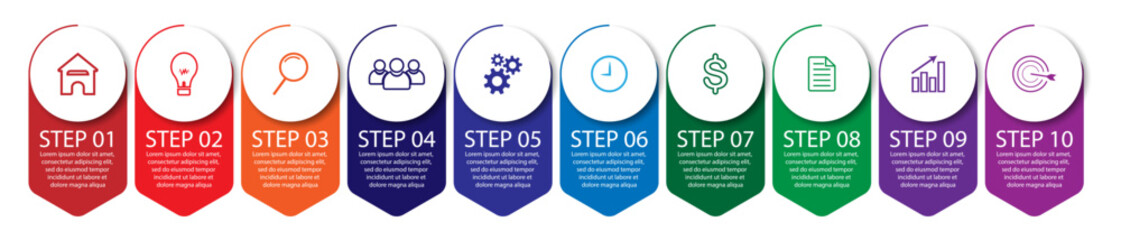 10 step infographic, simple infographic design consisting of ten interrelated parts, circle design combined with lines, icons and colors, good for your business presentation