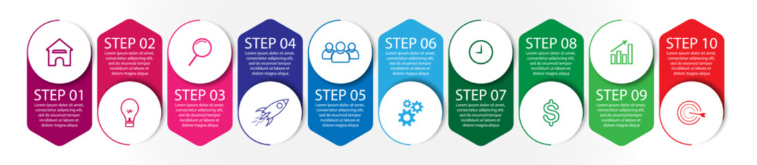 10 step infographic, simple infographic design consisting of ten interrelated parts, circle design combined with lines, icons and colors, good for your business presentation