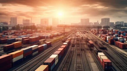 Fototapeta premium Global business of Container Cargo freight train for Business logistics concept, Air cargo trucking, Rail transportation and maritime shipping, Online goods orders worldwide 