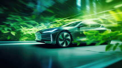 A green leaf sprouts from an electric car, symbolizing the sustainable and eco-friendly nature of electromobility