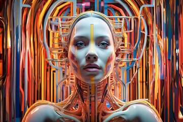 Hybrid computer, artificial intelligence with an ivory woman's face surrounded by colored tubes. Conceptual artistic design. - obrazy, fototapety, plakaty