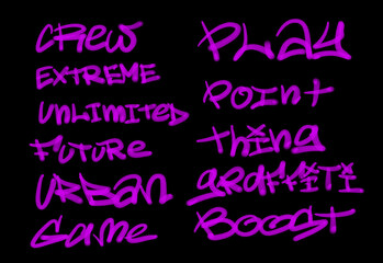 Collection of graffiti street art tags with words and symbols in purple color on black background
