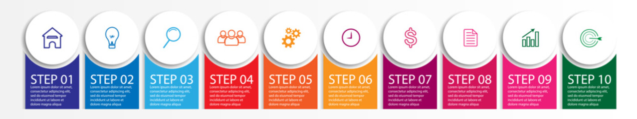 10 step infographic, simple infographic design consisting of ten interrelated parts, circle design combined with lines, icons and colors, good for your business presentation