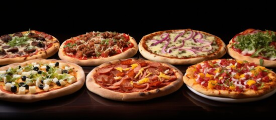 Portions of various delicious oven-baked pizzas.