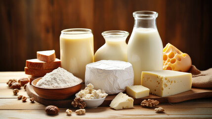 Various dairy products on wooden background