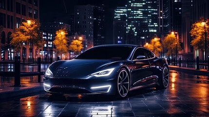 Fototapeta na wymiar The sleek design of an electric car is emphasized in a stylish night shot