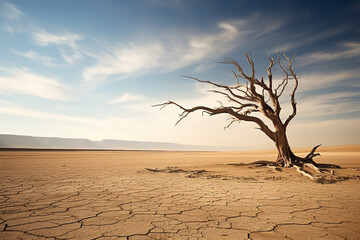The skeleton of a dead tree stands alone in a vast desert landscape, representing both desolation and the harsh beauty of nature
