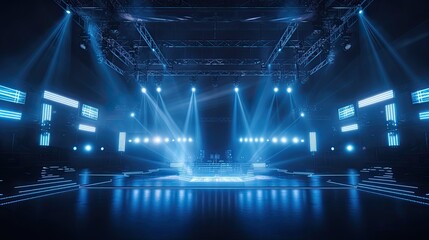 Online event entertainment concept. Background for online concert. Blue stage spotlights. Empty stage with blue spotlights. Blue stage lights. Online COVID-19 concert. Live streaming concertRobot arm 