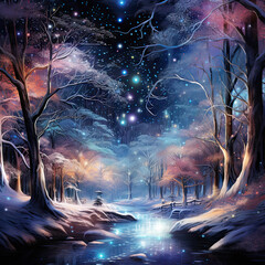 Christmas winter landscape at night with fir trees, snow and lights. New Year seasonal background.
