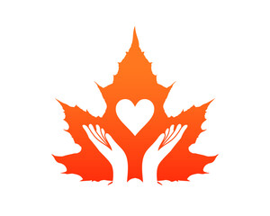 Maple leaf with hand care and heart silhouette inside