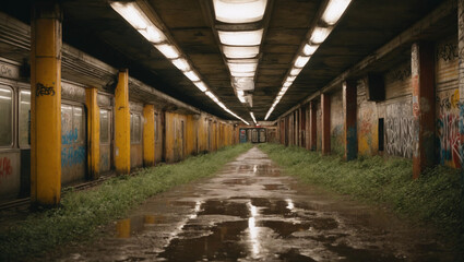An abandoned, graffiti-covered subway station deep underground, now inhabited by mutants. - obrazy, fototapety, plakaty