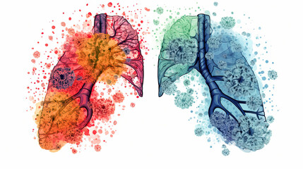 Colorful illustration of human lungs and bacteria infect the organ. Health concept