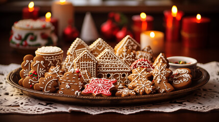 Obraz na płótnie Canvas Image of tray filled with freshly baked gingerbread cookies in various festive shapes.