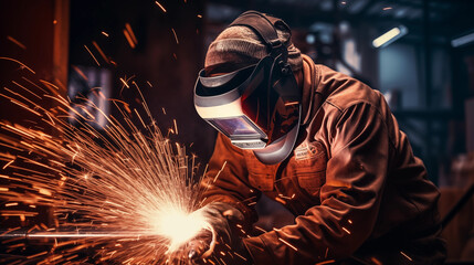 A male welder wearing a protective mask carefully welds metal at a factory.