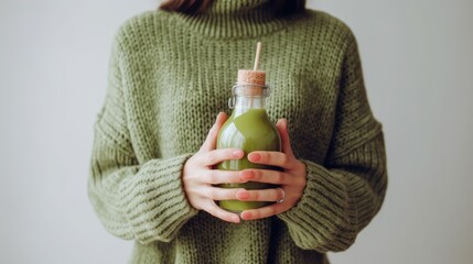 Winter seasonal smoothie drink detox. Female in woolen sweater holding bottle of green smoothie or juice making heart shape with her hands. Clean eating, weight loss, healthy dieting food concept  - obrazy, fototapety, plakaty