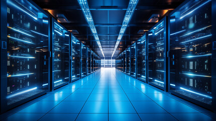 An image of organized rows of servers in a busy data center.