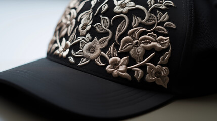 Close-up of a stylish black cap with intricate embroidery.