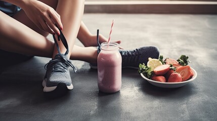Women's hands tying sport shoes on a gray workout mat. With smoothie for detox in background. Healthy living, dieting lifestyle. 