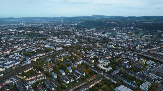 Aerial view around the old town of Koblenz in Germany on a cloudy autumn day