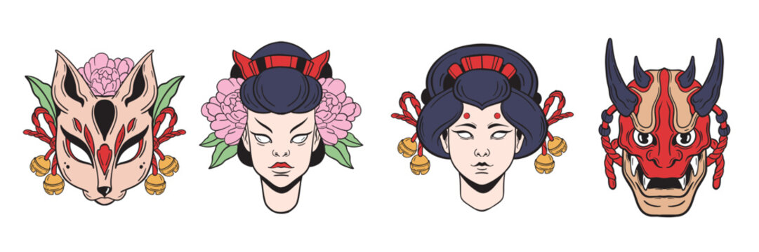 Japanese mask set, vector oriental okame icon, oni Japan character face, anime fox cartoon design. Kabuki theater woman, asian doodle tattoo monster, cute Kitsune, ritual demon head. Japanese mask
