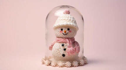 crocheted snowman in glass ball with pink background