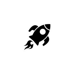 Flying Rocket Ship with Fire, Start Up. Flat Vector Icon illustration. Simple black symbol on white background. Flying Rocket Ship with Fire Start Up sign design template for web and mobile UI element