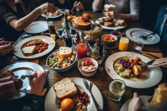Group of people having brunch together at table