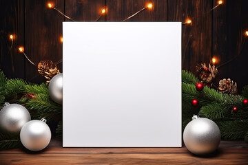 white empty sign with christmas balls and branches