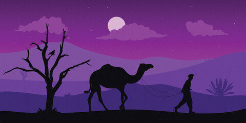Silhouette of a man walking with a camel isolated in the evening, night, dawn desert background