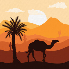 Silhouette of a camel walking isolated in the evening, night, dawn desert background