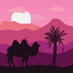 Silhouette of a camel walking isolated in the evening, night, dawn desert background