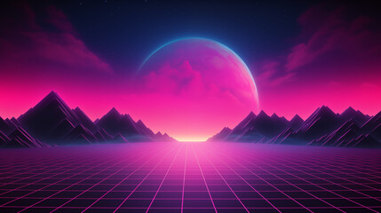 vibrant retro 80s landscape featuring a digital grid floor and distant mountains bathed in blues and pinks. This retrowave-inspired scene captures the essence of cyber aesthetics