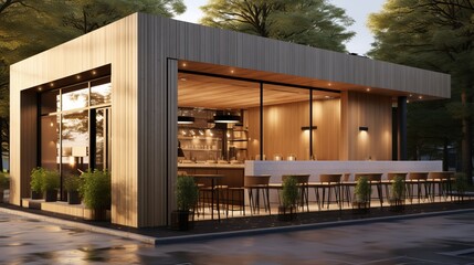 Small modern coffee shop, wooden exterior, realistic render. Architecture design concept for cafe, coffee, shop.
