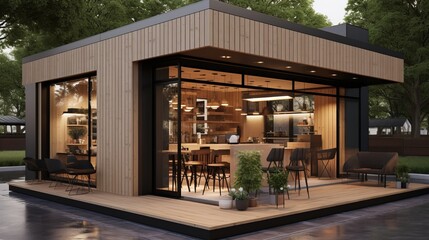 Small modern coffee shop, wooden exterior, realistic render. Architecture design concept for cafe, coffee, shop.