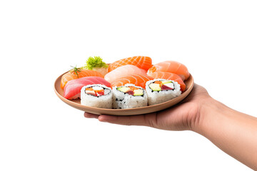 Hands holding a plate with Sushi cut out transparent isolated on white background ,PNG file.