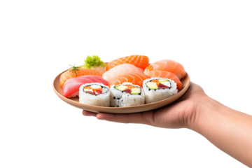 Hands holding a plate with Sushi cut out transparent isolated on white background ,PNG file.