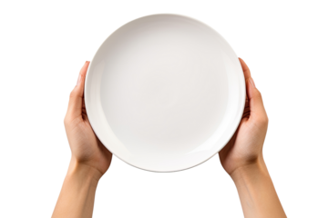 Hands holding a plate cut out transparent isolated on white background ,PNG file.