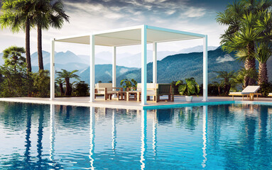 3D illustration of a 6 pole white pergola on sundeck next to pool.