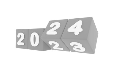 happy new year 2024,, 2024 new year, 3d illustration of 2024 grey dices turning year from 2023 to 2024 on white background with empty space for text, New year wishes greeting card