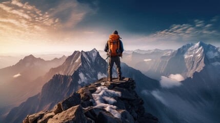 Naklejka na ściany i meble Male mountain climber on mountain top for success concept