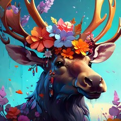 Moose with flowers on his head