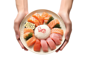 Hands holding a plate with Sushi cut out transparent isolated on white background ,PNG file.