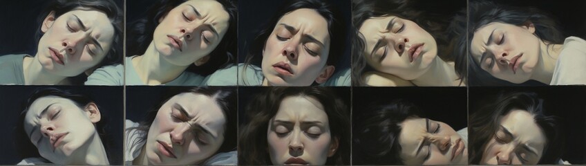 Multiple visages captured mid-sigh, showing various intensities of exhaustion.