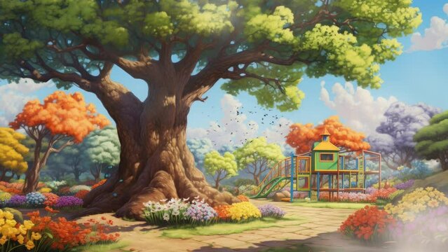close up of play ground park with tree decoration at spring. seamless looping time-lapse virtual video animation background.	