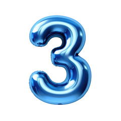 blue metallic 3 number balloon Realistic 3D on white background.