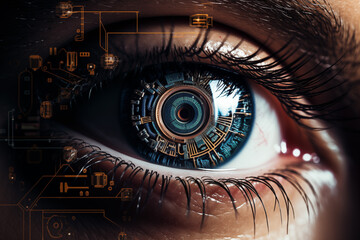 A captivating close-up of a futuristic implanted eye, showcasing advanced technology with intricate details and a hint of cybernetic elegance