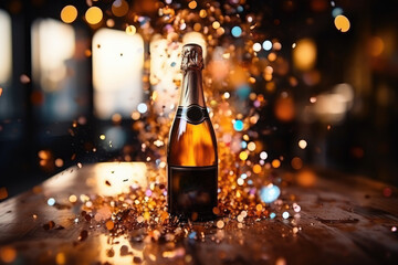 Champagne explosion. Celebration new year 2024 with blurred background 
