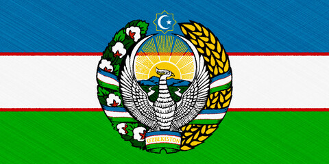 Flag and coat of arms of Republic of Uzbekistan on a textured background. Concept collage.